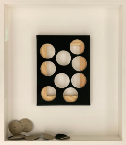 Pierre Bismuth, Something Less Something More - Canvas, 2011, acrylic paint on canvas, 24 x 18 cm, 9 holes (d 5 cm), 9 left over disks (d 5 cm), Courtesy Christine König Galerie, Vienna and the artist