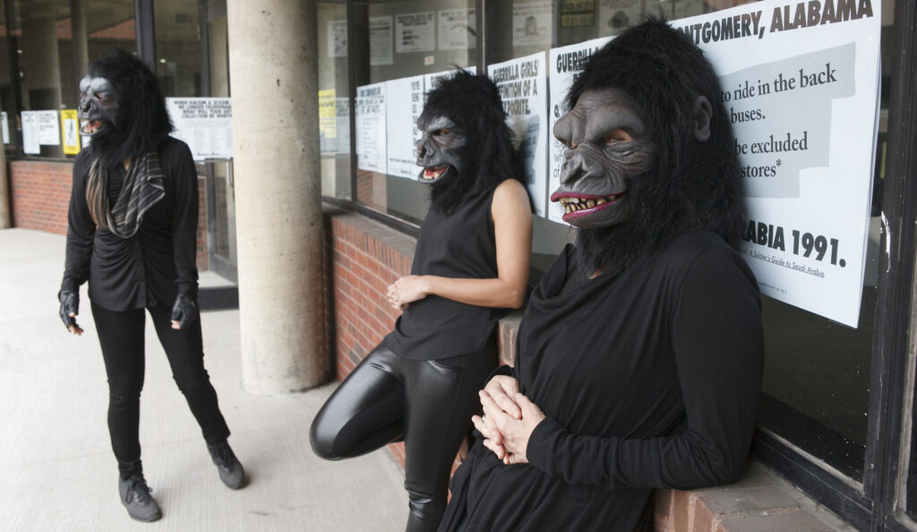 Guerrilla Girls artists Kathe Kollwitz, Zubeida Agha and Frida Kahlo during a press preview for an exhibition of works by the Guerrilla Girls titled 