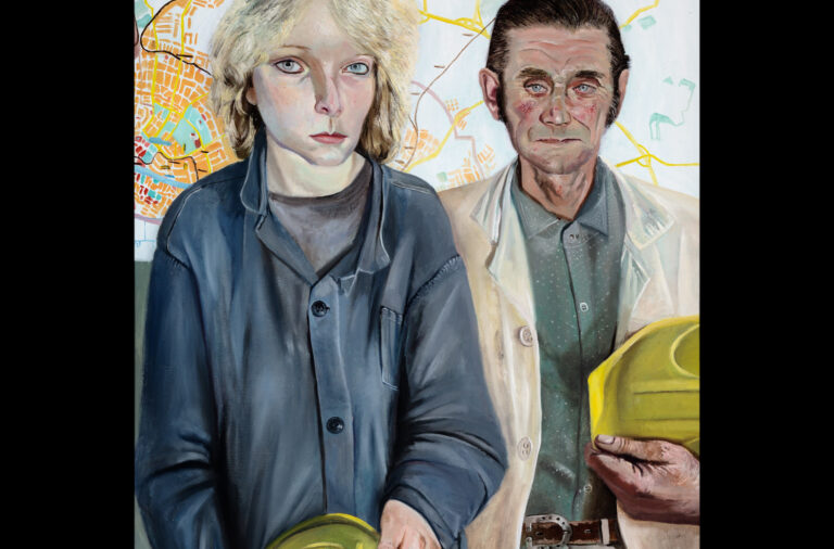 Kunstwerk von Norbert Wagenbrett: Eine Malerei die eine Bauarbeiterin und einen Bauarbeiter zeigt, beide haben gelbe Bauhelme in der Hand.