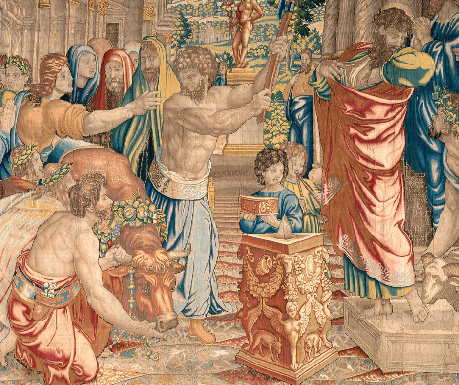 Das Opfer in Lystra
Design: Raffael (1483–1520)
Aus einer neunteiligen Tapisserieserie mit Szenen aus der Apostelgeschichte
um 1600; Brüssel, Manufaktur des Jakob I. Geubels (gestorben vor 1605)
Wolle, Seide
Kunsthistorisches Museum Wien
© KHM-Museumsverband