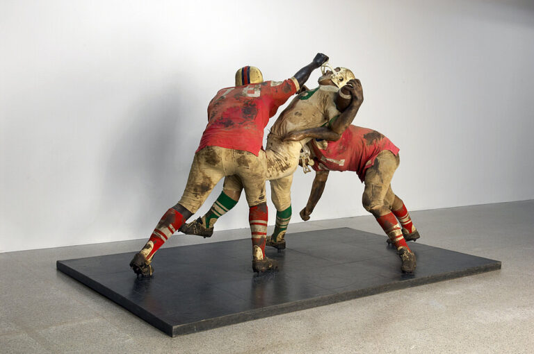 Duane Hanson
Football-Vignette, 1969
170 x 300 x 180 cm
Bodenplatte: 180 x 300 x 5 cm
Fiberglass, polyester, original clothing
mumok - Museum moderner Kunst Stiftung Ludwig Wien, On loan from the Austrian Ludwig Foundation, since 1981
Photo: mumok
© Bildrecht, Wien 2024